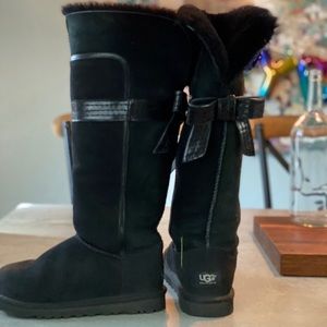 Genevieve Leather-Bow Tall Shearling Boot, Black